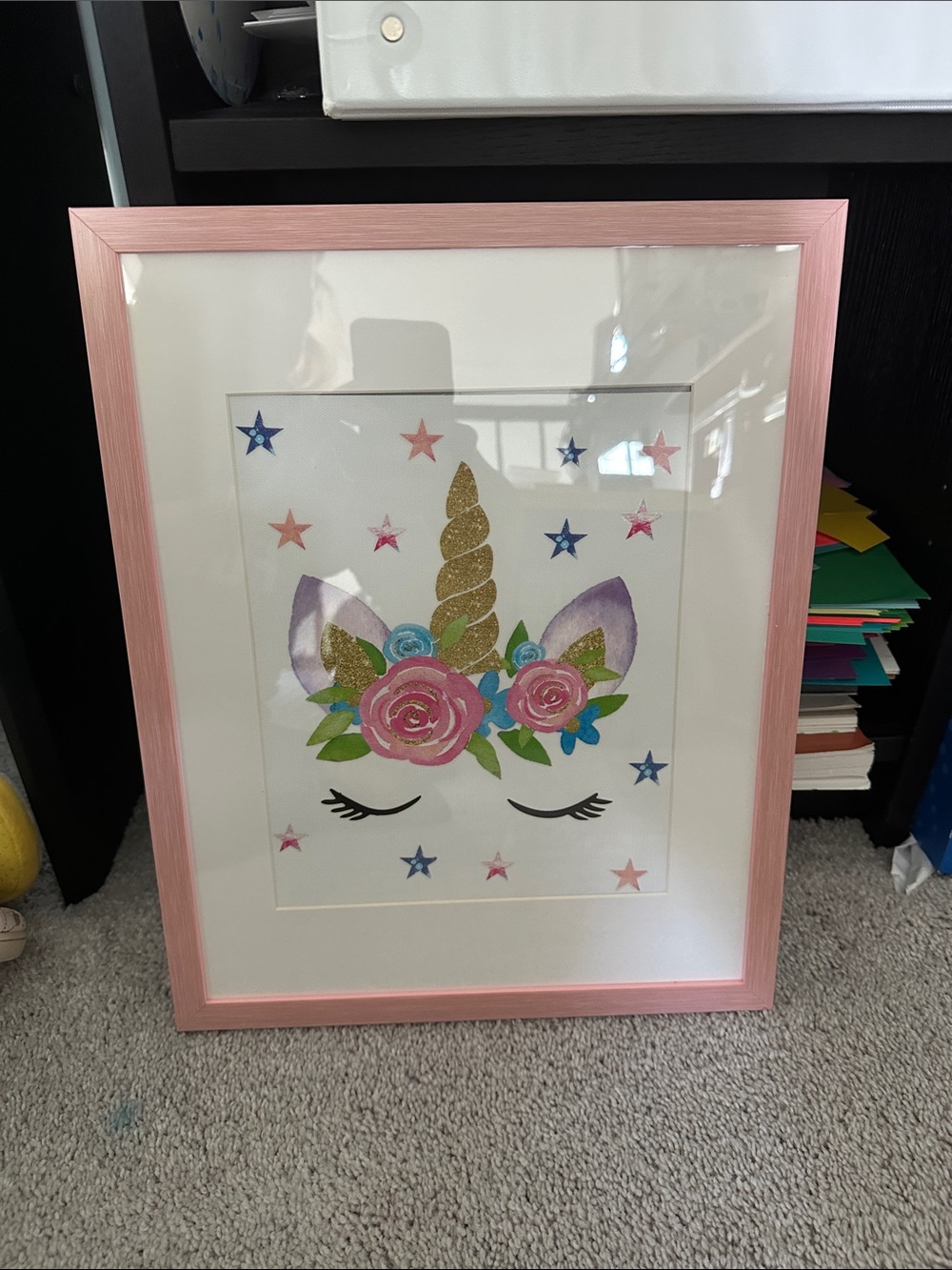 Pink Framed Unicorn Wall Art with Gold Horn